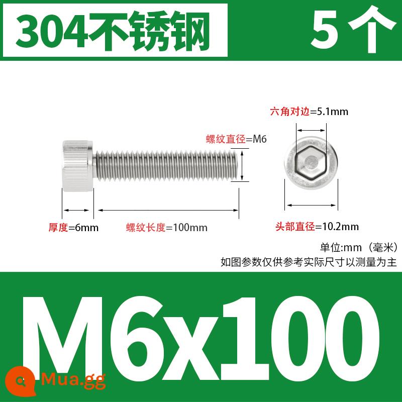 Thép không gỉ 304 cốc đầu lục giác vít đầu trụ vít nối dài 10mm bu lông M2M3M4M5M6M8 - M6*100[5 cái]