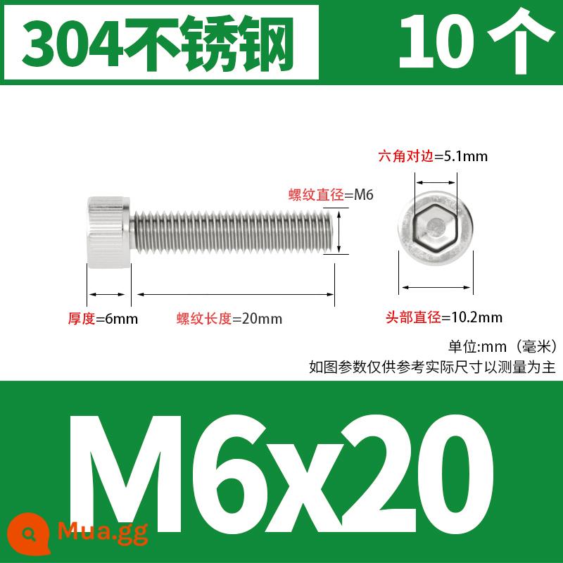 Thép không gỉ 304 cốc đầu lục giác vít đầu trụ vít nối dài 10mm bu lông M2M3M4M5M6M8 - M6*20[10 miếng]