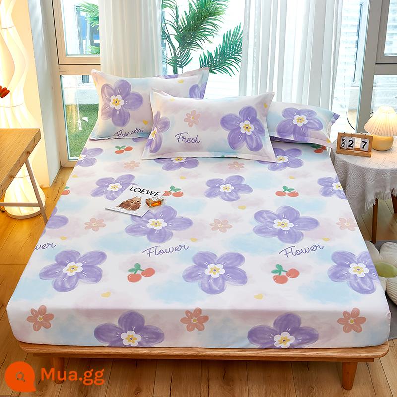 Túi trải giường bằng cotton dày dặn, ga trải giường bằng vải cotton một mảnh, nệm 1,8m, túi trải giường chống trượt 1,5 bộ ga trải giường trọn gói, bộ 3 món - Hoa mật ong màu tím nhạt