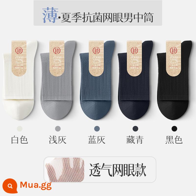 Vớ nam 100%cotton cotton giữa, dạ dày, mồ hôi, mồ hôi, mút và nhung, nam thể thao nam kháng khuẩn - [Lưới] Trắng + xám nhạt + xám xanh + xanh nước biển + đen