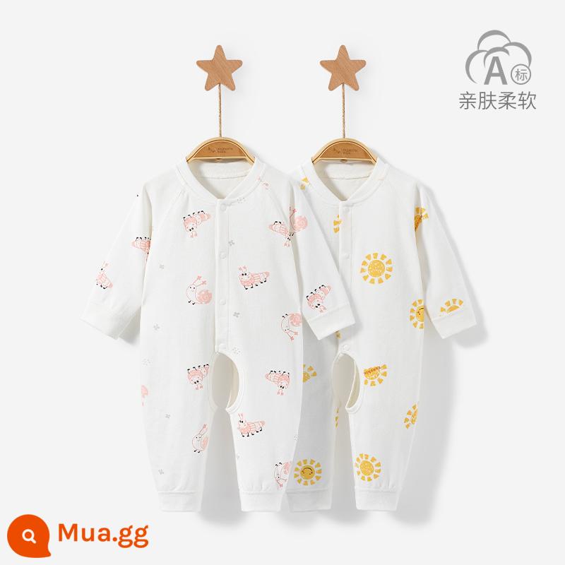 Áo liền quần cho bé mùa xuân, mùa thu đông sơ sinh đáy cotton nguyên chất ấm Bộ đồ ngủ nam nữ mở tập tin áo liền quần phù hợp với quần áo trẻ em - 3LT001 Ốc hồng/nắng vàng 2 chiếc