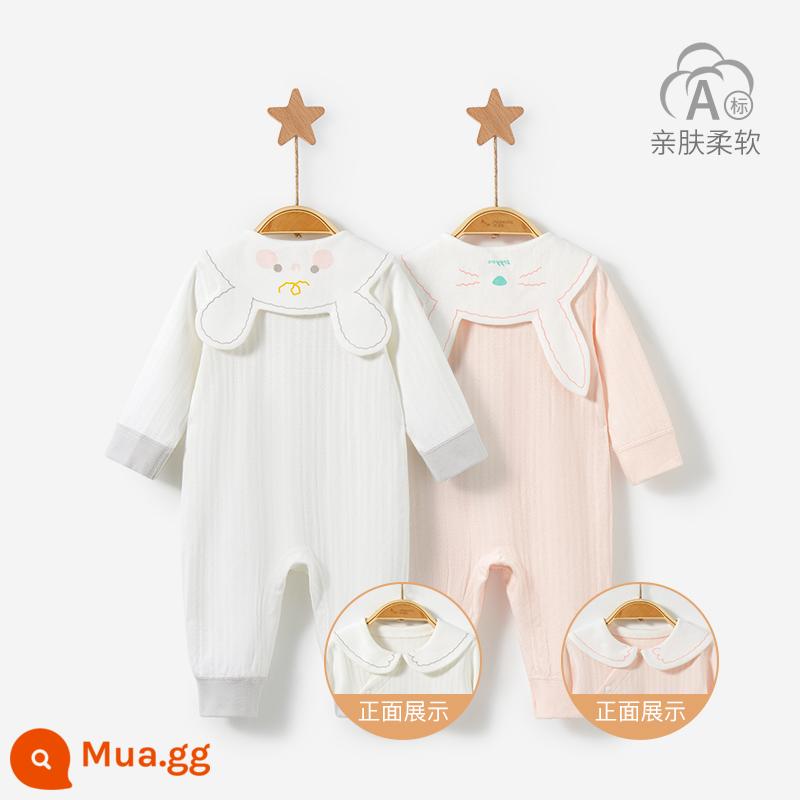 Áo Liền Quần Cho Bé Xuân Thu Đông Sơ Sinh Đáy Cotton Nguyên Chất Nam Nữ Trăng Tròn Ấm Liền Quần Bộ Đồ Ngủ Bộ Quần Áo Trẻ Em - 22087 trắng/hồng 2 chiếc