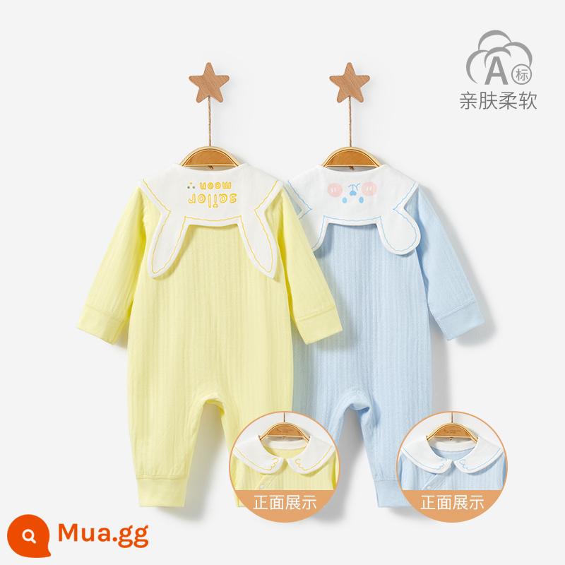 Áo Liền Quần Cho Bé Xuân Thu Đông Sơ Sinh Đáy Cotton Nguyên Chất Nam Nữ Trăng Tròn Ấm Liền Quần Bộ Đồ Ngủ Bộ Quần Áo Trẻ Em - 22087 màu vàng/xanh 2 miếng