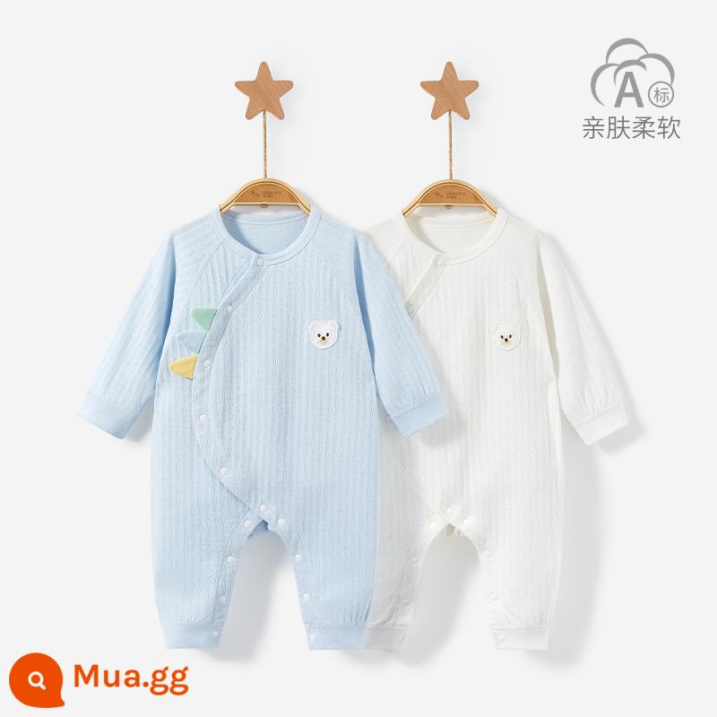 Áo Liền Quần Cho Bé Xuân Thu Đông Sơ Sinh Đáy Cotton Nguyên Chất Nam Nữ Trăng Tròn Ấm Liền Quần Bộ Đồ Ngủ Bộ Quần Áo Trẻ Em - 3LT005 xanh/trắng 2 chiếc