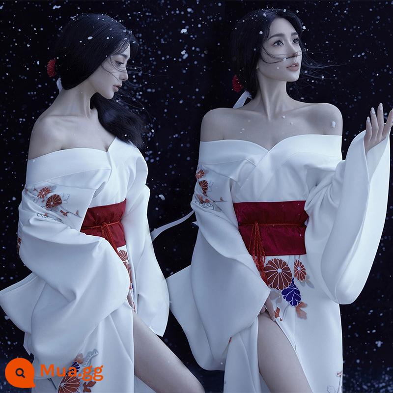 Trang phục chính thức của phụ nữ kimono truyền thống cổ điển và gió trắng gió nhẹ được cải tiến theo phong cách Nhật Bản ngoại cảnh nữ thần ảnh quần áo - Bộ kimono hướng dương đi kèm quạt hoa dây đỏ