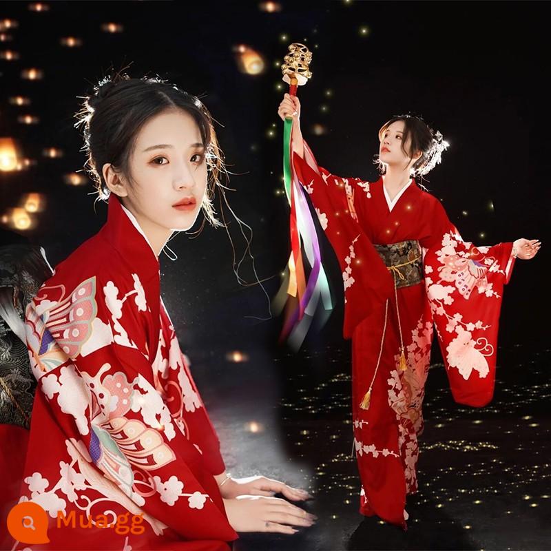 Trang phục chính thức của phụ nữ kimono truyền thống cổ điển và gió trắng gió nhẹ được cải tiến theo phong cách Nhật Bản ngoại cảnh nữ thần ảnh quần áo - Áo kimono size 16 tặng kèm quạt hoa dây đỏ