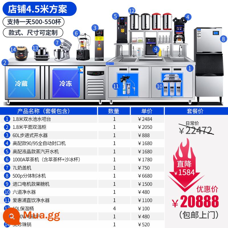 Thiết bị cửa hàng trà sữa Hengzhi trọn bộ bàn thao tác trà sữa bằng thép không gỉ thanh nước máy pha trà sữa bàn làm việc thanh nước thương mại - Bữa ăn khuyến nghị dài 4,5 mét (500-550 cốc mỗi ngày)