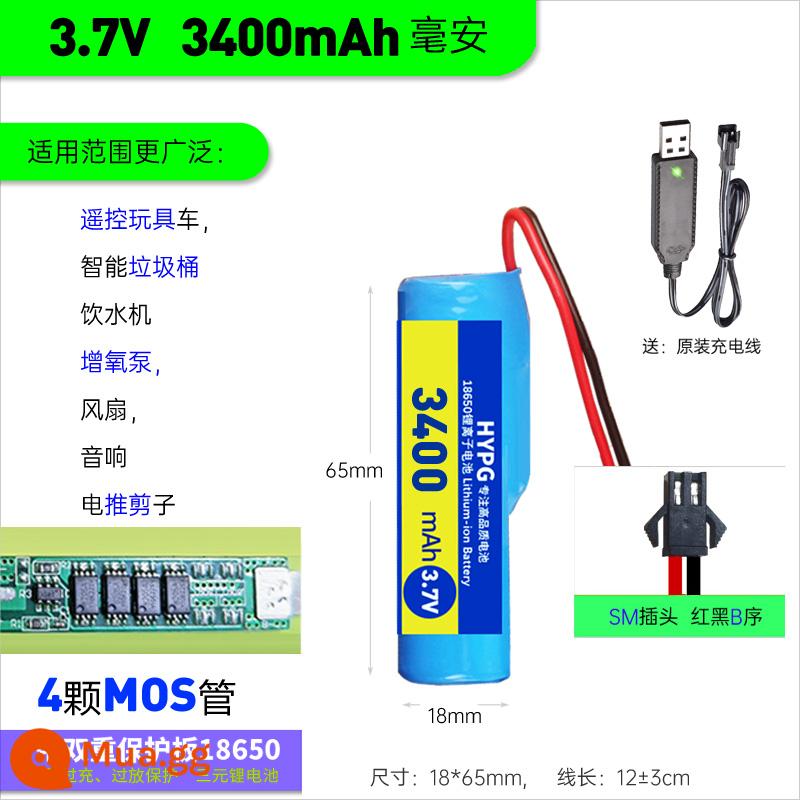 18650 Pin Lithium DIY Phụ Kiện Lắp Ráp 3.7V Với Đôi Ban Bảo Vệ Tích Hợp Âm Thanh Có Dây Oxy Bơm Pin - 3.7v [3400mAh] Đầu SM B dãy + cáp sạc dãy B màu đỏ và đen