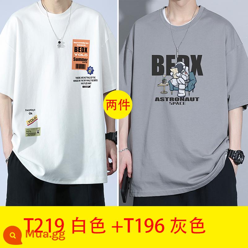 Thanh niên mùa hè cotton ngắn tay áo thun nam big boy mùa hè 2023 học sinh trung học cơ sở và trung học mới đẹp trai quần áo nam - T219 trắng + T196 xám