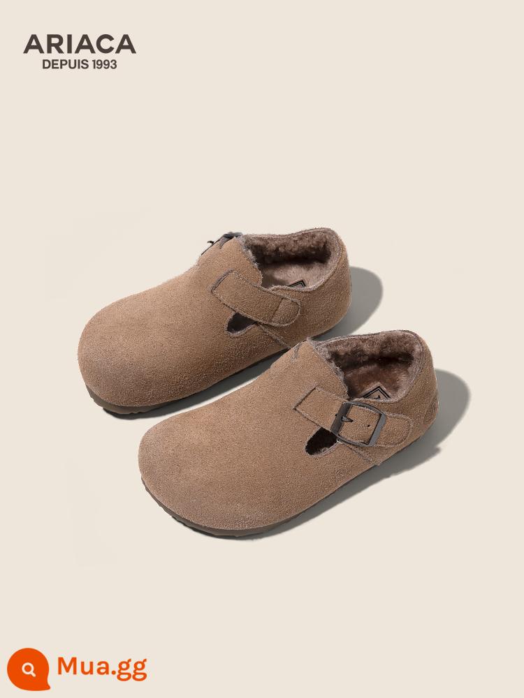 ARIACA Birkenstock Giày Da Bé Gái Thu Đông 2023 Mới Đế Mềm Giày Đơn Bé Gái Giày Beanie - Khaki cộng với lông cừu