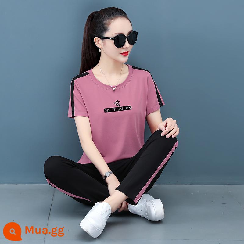 Bộ đồ thể thao cotton tay ngắn cho nữ mặc thường ngày Bộ hai mảnh mùa hè 2022 mùa hè thời trang mới áo thun mẹ - Bộ đồ màu đậu