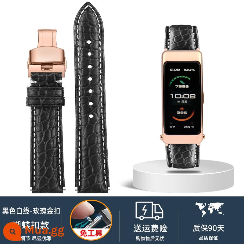 Thích nghi Huawei B6 B5 Dây đeo bằng da cá sấu bằng da thông minh B3 Rose Gold Men Business Sports 16mm - Khóa bướm vàng hồng chỉ trắng đen