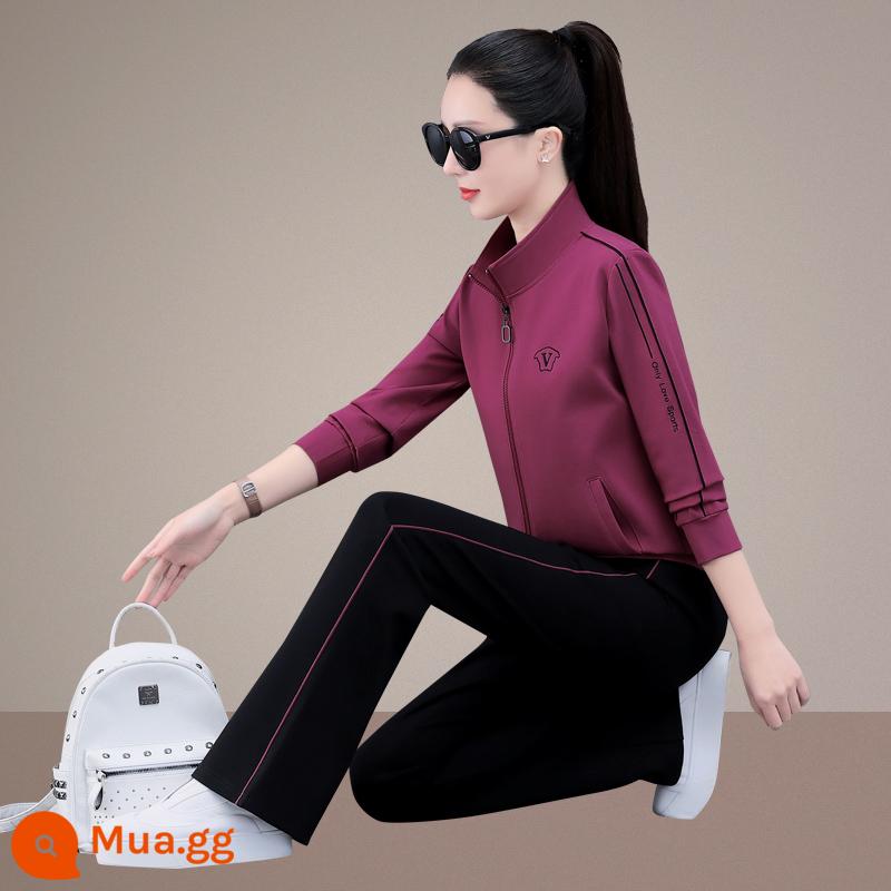 Bộ đồ thể thao mùa xuân và mùa thu dành cho nữ Cổ áo đứng Áo khoác Cardigan giảm béo của mẹ Bộ hai món dáng rộng Phong cách phương Tây Trang phục chạy bộ thông thường - bột đậu đỏ