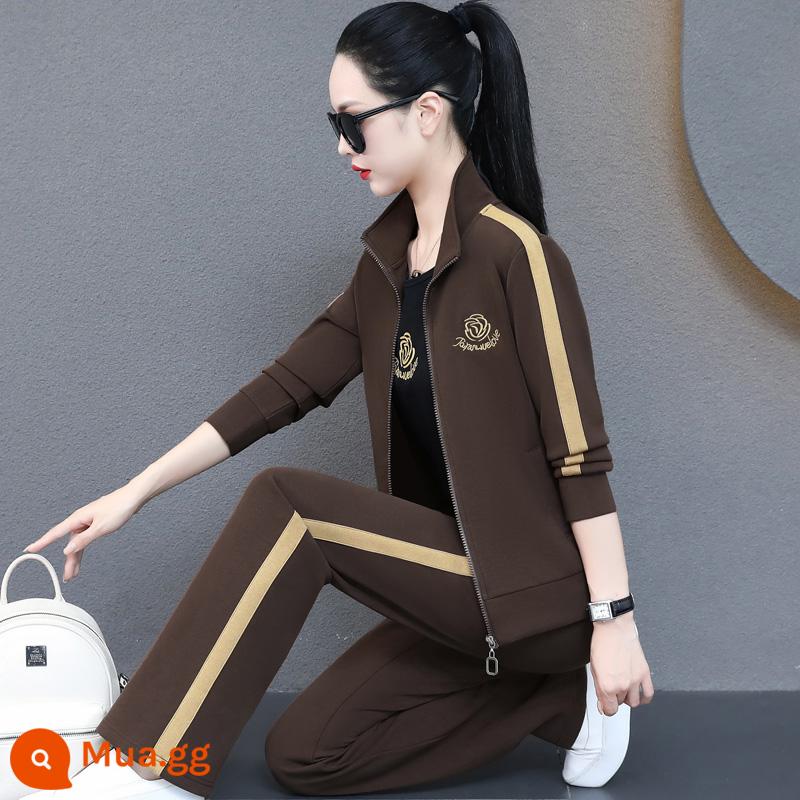 Bộ đồ thể thao thương hiệu dành cho nữ xuân thu 2023 phong cách mới phong cách nước ngoài cotton nguyên chất áo thun dáng rộng chạy bộ thường ngày bộ đồ ba mảnh xu hướng - Cà phê nhẹ 6006 (bộ ba món) chất lượng cao