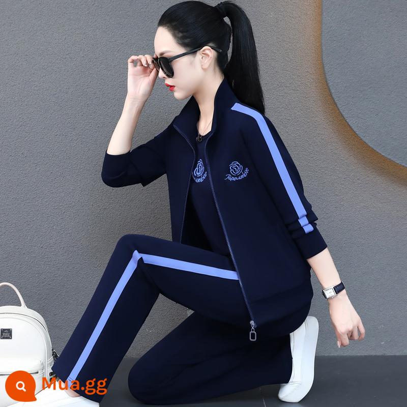 Bộ đồ thể thao thương hiệu dành cho nữ xuân thu 2023 phong cách mới phong cách nước ngoài cotton nguyên chất áo thun dáng rộng chạy bộ thường ngày bộ đồ ba mảnh xu hướng - Xanh sapphire 6006 (bộ ba món) cao cấp