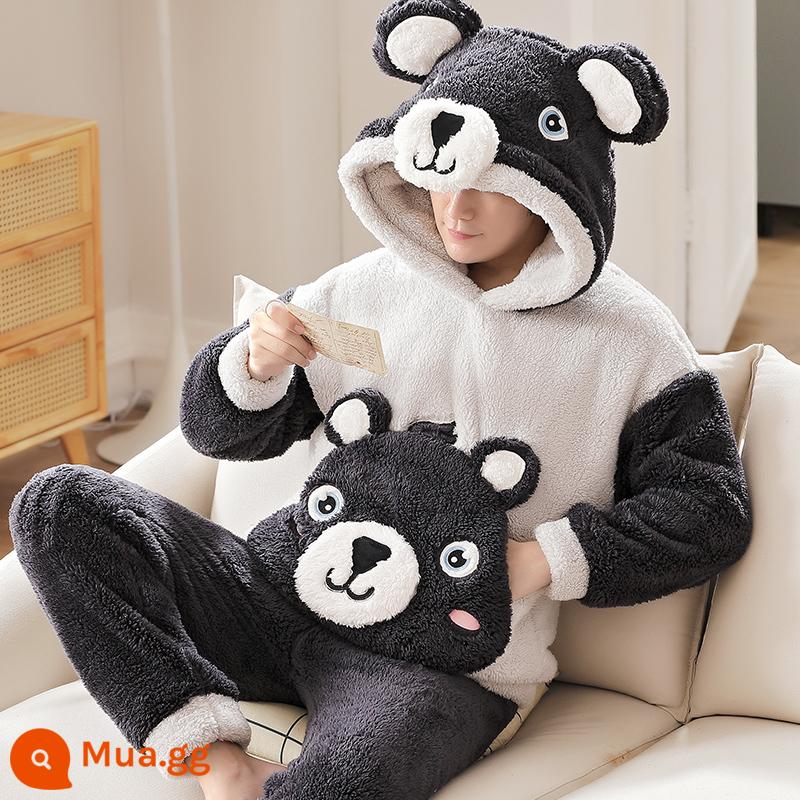 Nỉ san hô Bộ đồ ngủ nam mùa thu đông mẫu mùa đông dày Plus nhung ấm flannel mùa đông thanh niên phục vụ tại nhà phù hợp với - 8878 (có mũ trùm đầu)