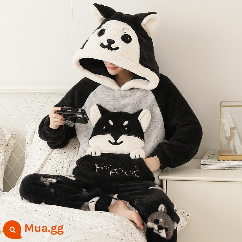 Nỉ san hô Bộ đồ ngủ nam mùa thu đông mẫu mùa đông dày Plus nhung ấm flannel mùa đông thanh niên phục vụ tại nhà phù hợp với - 9168 (có mũ trùm đầu)