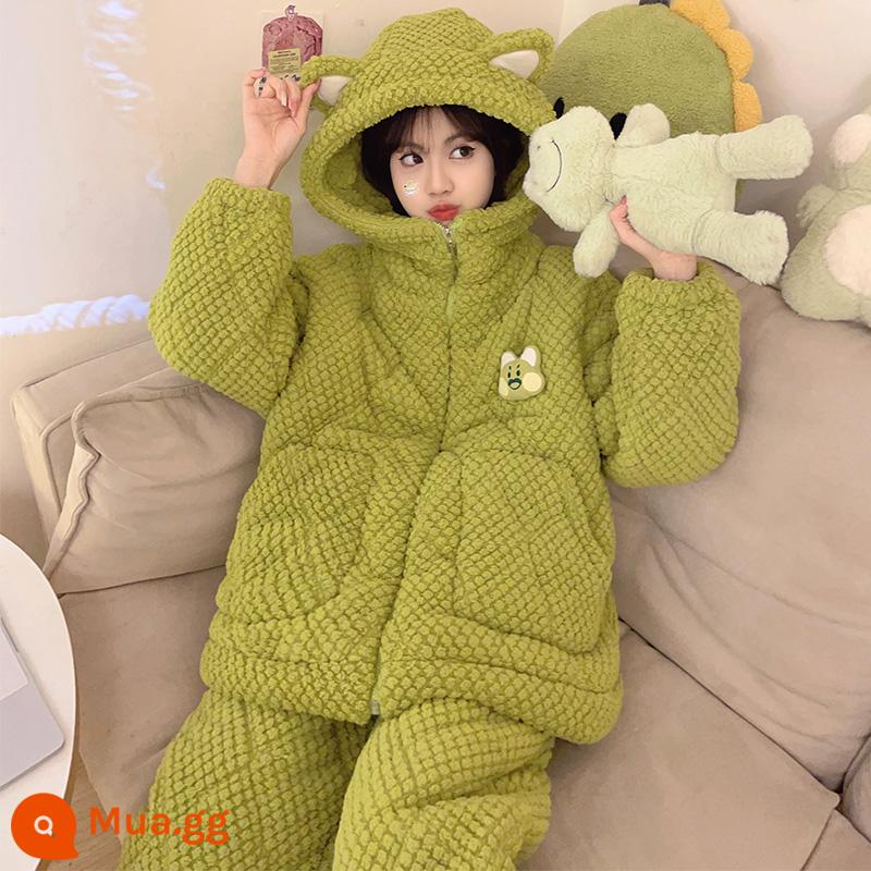 Mùa Đông Nhung San Hô 3 Lớp Cotton Bộ Đồ Ngủ Nữ Dày Ấm Plus Nhung Phù Hợp Với Dây Kéo Dép Nỉ Sweet Home Quần Áo - 83611