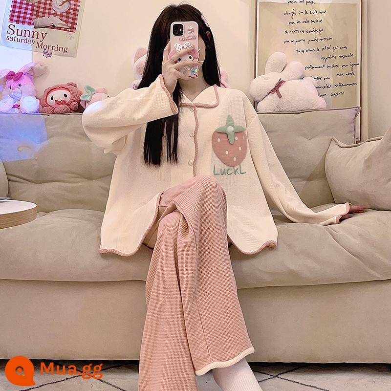 Bộ đồ ngủ nữ thu đông dài tay cotton nguyên chất xuân thu 2023 lưới mới phong cách hoạt hình màu đỏ bộ quần áo mặc ở nhà dễ thương - 22536