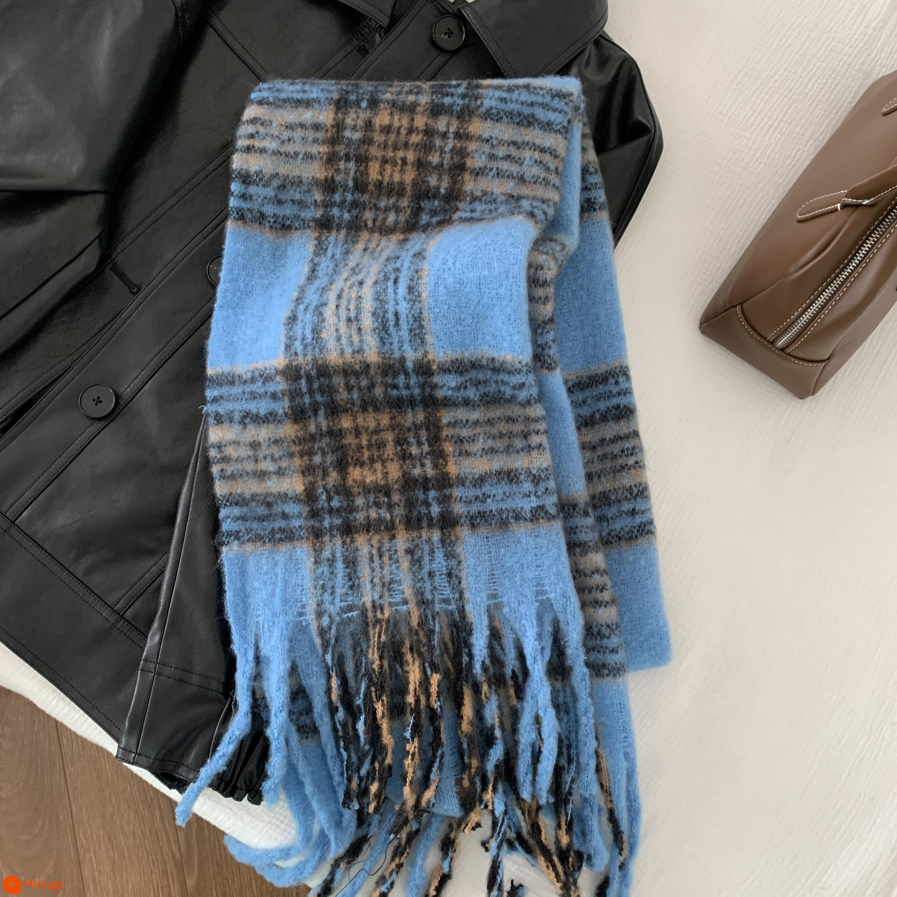 Maillard phong cách nâu giả khăn choàng cashmere cho nữ mùa đông cao cấp tua rua mohair dày khăn quàng cổ sinh viên phong cách mới - Màu xanh muối biển - phong cách cổ điển (không nhãn)