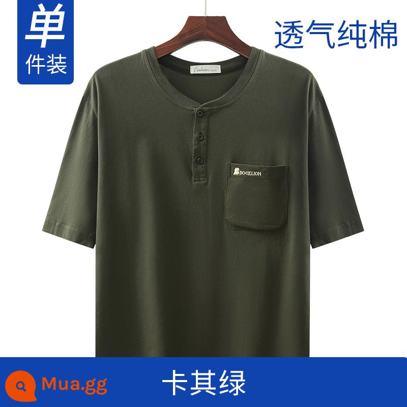 Bố mùa hè áo thun cotton ngắn tay dành cho nam trung niên dành cho người trung niên và người cao tuổi quần áo mùa hè ông nội rộng rãi nửa tay - Kaki xanh (gói đơn)