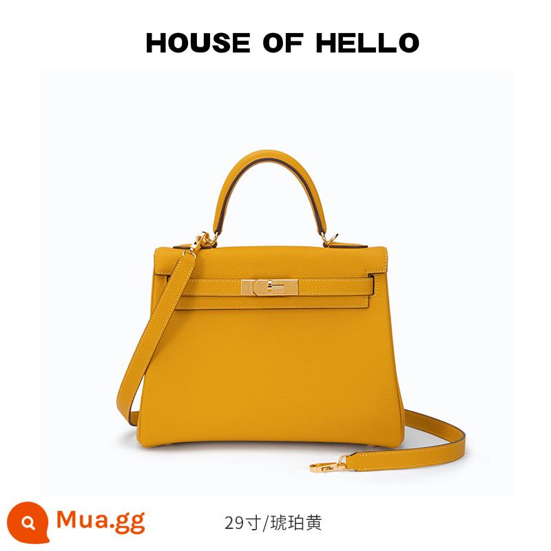 HOUSEOFHELLO vải thiều khâu tay hoa văn chỉ sáp da thật Túi Kelly ánh sáng túi xách sang trọng - Sợi sáp da nguyên bản màu vàng hổ phách/29 inch