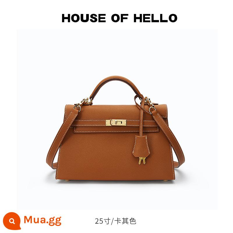 HOUSEOFHELLO nhái mini Kelly bag da thật cao cấp niche thiết kế đeo chéo nhẹ sang trọng Kelly bag - [Khaki] Khóa vàng/25 inch (phiên bản nâng cấp)