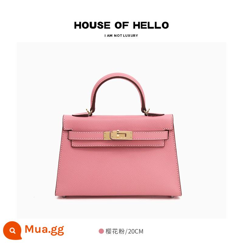 HOUSEOFHELLO nhái mini Kelly bag da thật cao cấp niche thiết kế đeo chéo nhẹ sang trọng Kelly bag - [Sakura Pink] Khóa vàng/20 inch (Phiên bản nâng cấp)