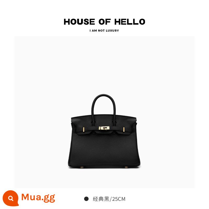 HOUSEOFHELLO chất lượng cao kết cấu togo giả mạo bạch kim túi cầm tay handmade mẫu vải thiều da chính hãng ánh sáng túi xách sang trọng - [Đen cổ điển] Khóa vàng/25 inch