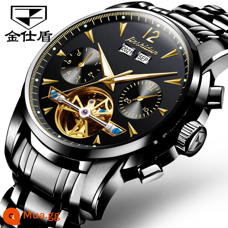 Thương hiệu nổi tiếng Thụy Sĩ đồng hồ cơ nam vàng 18k cao cấp hoàn toàn tự động tourbillon rỗng top 10 thương hiệu - Thụy Sĩ-Dây thép toàn màu đen với bề mặt màu đen