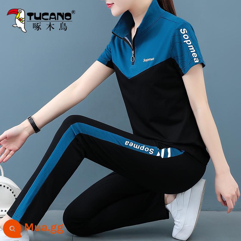 Bộ đồ thường ngày cotton nguyên chất của chim gõ kiến ​​dành cho nữ 2023 mới dành cho tuổi trung niên mỏng cổ đứng cổ ngắn bộ đồ thể thao hai mảnh - màu xanh [thời trang trẻ trung]