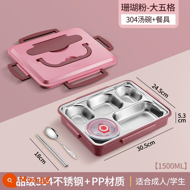 Bảo quản tươi và cách nhiệt Bento Box Box Công nhân Hộp sưởi Hộp ăn trưa của sinh viên Đặt lò vi sóng tách thức ăn nhanh - Size lớn - hồng san hô 5 ngăn + tô súp (miễn phí bộ đồ ăn)