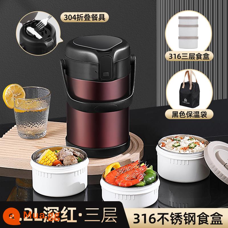 316 Thép không gỉ cách nhiệt nhân viên phòng vé Bento với thùng cách nhiệt dài lớn -Capacity Bento Box Multi -layer - Crimson 2.2L-3 lớp cách nhiệt 2 lớp chống bỏng (316 ngăn đựng thực phẩm)