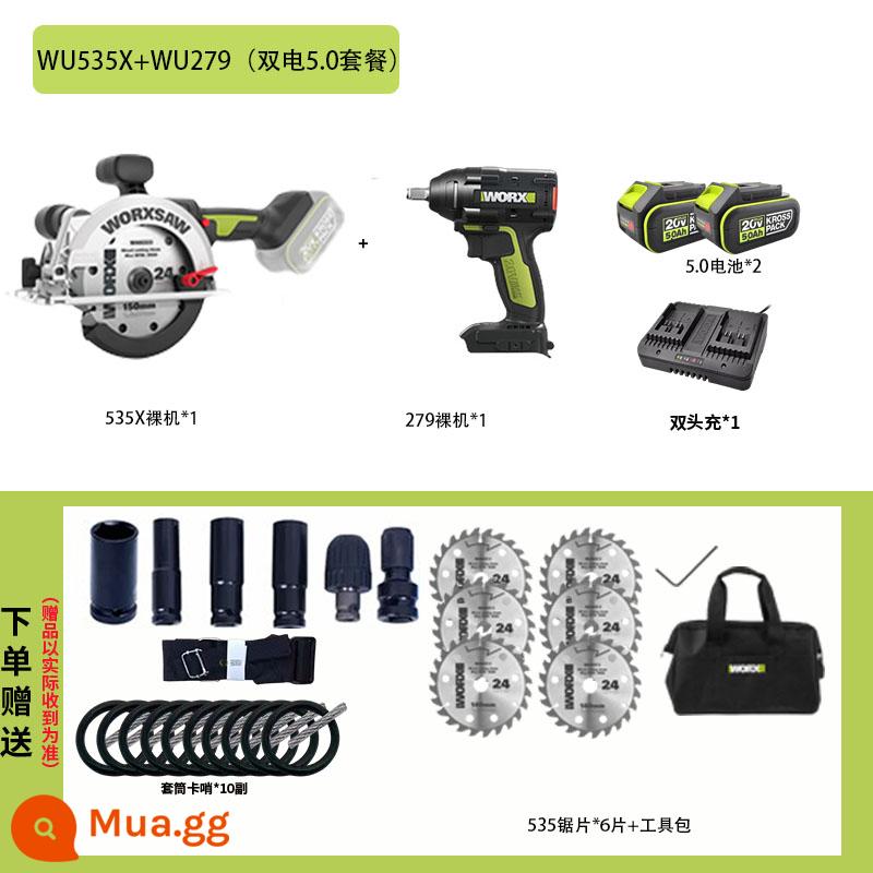 Worx Điện Tua Vít Mô-men Xoắn Cao Pin Lithium Không Chổi Than WU279 Đặc Biệt Sạc Khí Nén Cờ Lê Công Cụ Kệ Công Nhân - W279+W535X (pin kép 5.0 + sạc nhanh hai ghế)