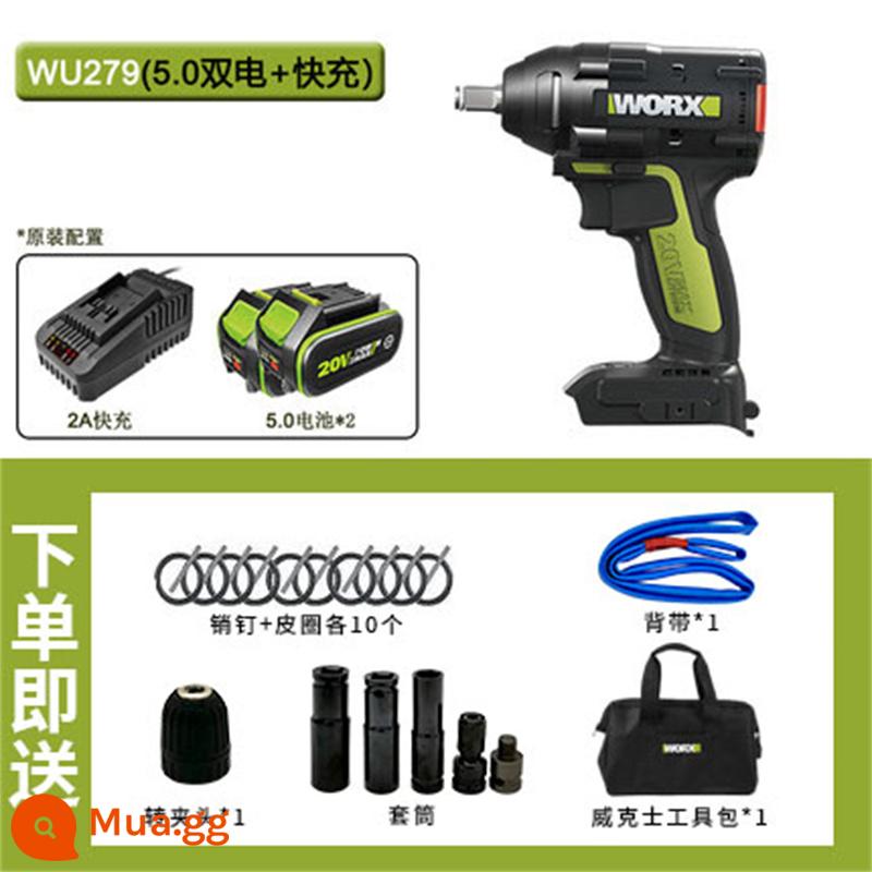 Worx Điện Tua Vít Mô-men Xoắn Cao Pin Lithium Không Chổi Than WU279 Đặc Biệt Sạc Khí Nén Cờ Lê Công Cụ Kệ Công Nhân - WU279 (pin kép 5.0 + sạc nhanh + gói phụ kiện)