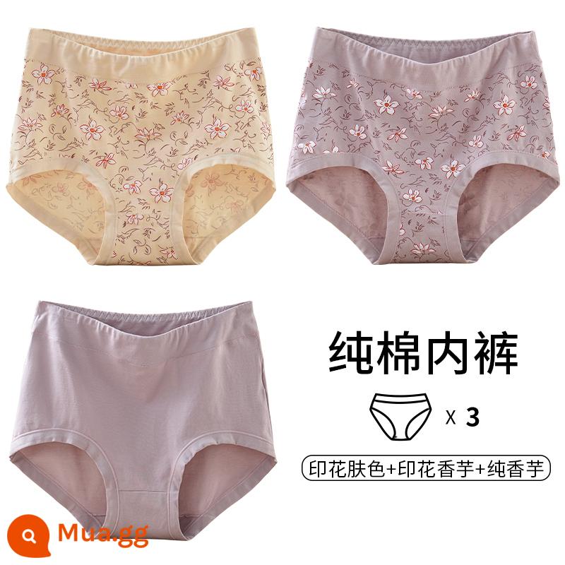 Quần lót của mẹ vải cotton nguyên chất lưng cao cỡ lớn đồ lót tam giác dành cho người trung niên và người già dành cho phụ nữ và người già quần short cotton rộng rãi - [3 món] Màu da in + Khoai môn in + Khoai môn nguyên chất