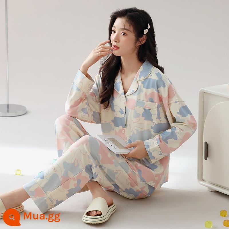 Bộ đồ ngủ cho nữ xuân thu 2023 mới cotton nguyên chất dài tay cỡ lớn kiểu công chúa có thể mặc bên ngoài quần áo ở nhà phù hợp với phong cách mỏng mùa thu - 91583