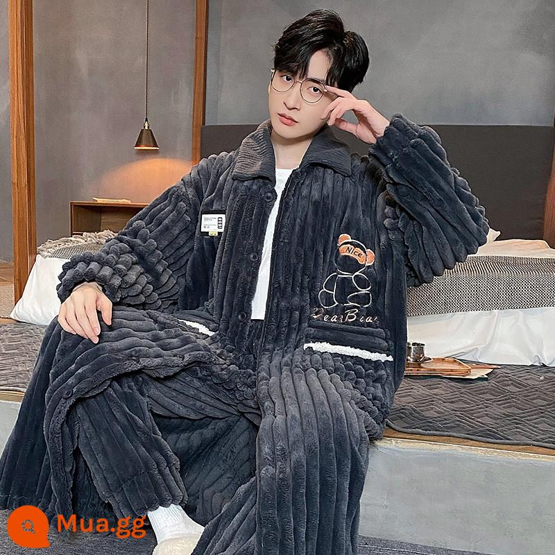 Pyjamas nam mùa thu và mùa đông san hô dày đặc cộng với giường nhung áo choàng áo choàng tắm đơn giản trang phục nhà - [XHC82274 áo choàng + quần]