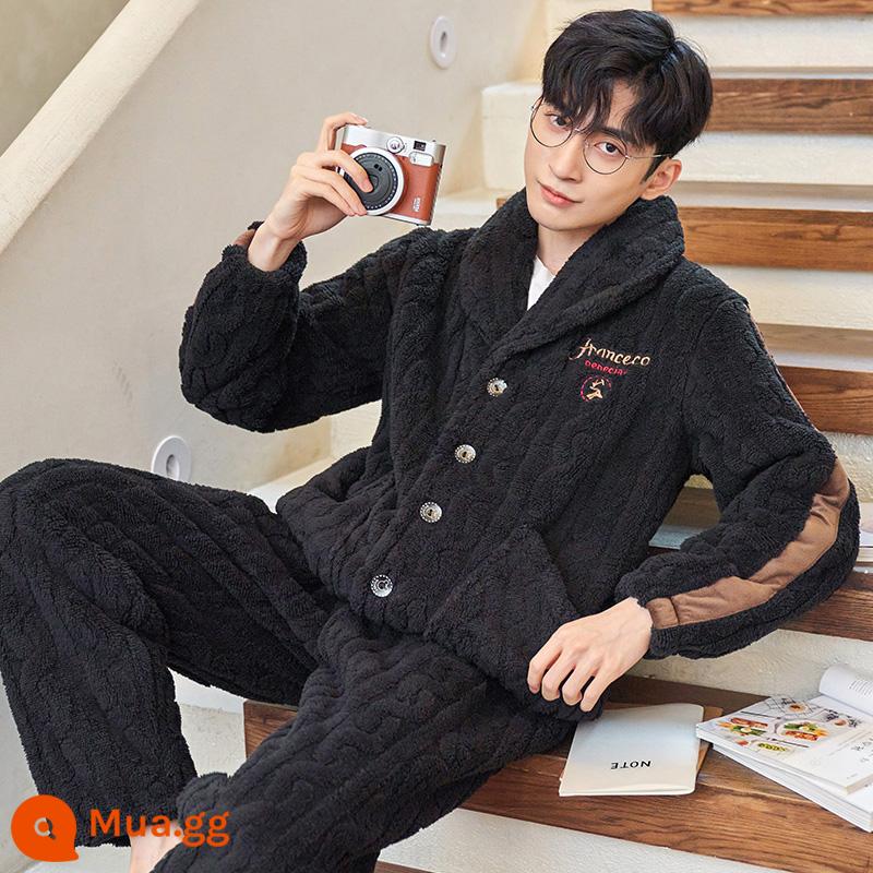 Coral Velvet Pyjamas Men's Winter Decvened cộng với Velvet Winter Warm Diamond Frank Velvet Mùa thu và mùa đông Bộ quần áo - (HS5501 màu đen)