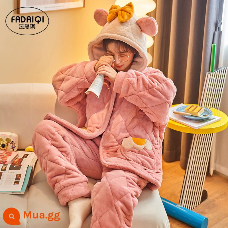 Bộ đồ ngủ cotton ba lớp dành cho nữ mùa đông dày nhung san hô áo khoác nhung cộng với các mẫu thu đông nhung cổ áo đứng ấm phù hợp với flannel - JW75210