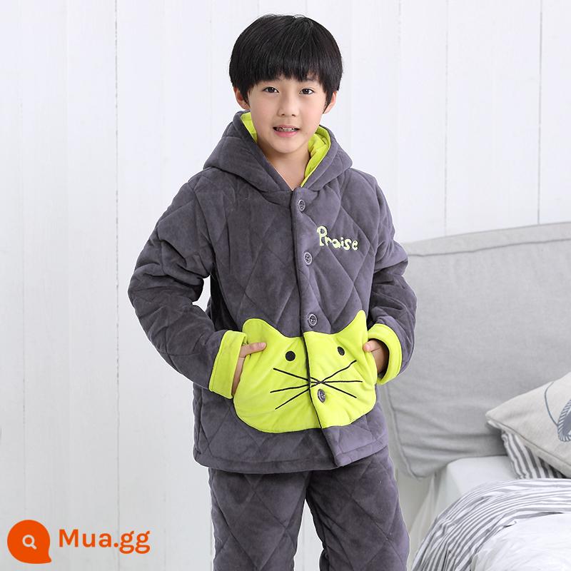 Mùa Thu Đông 3 Lớp Cotton Bộ Đồ Ngủ Trẻ Em Dày Nỉ San Hô Bé Trai Khủng Long Dép Nỉ Mới Bé Trai Nhà Quần Áo - KT-4070 màu xám (kiểu thông thường)