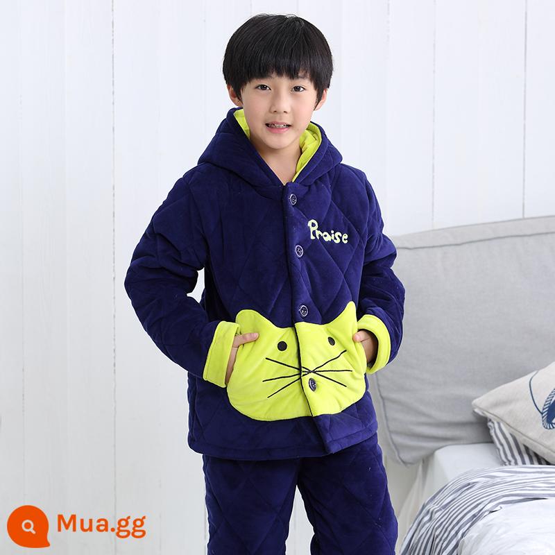 Mùa Thu Đông 3 Lớp Cotton Bộ Đồ Ngủ Trẻ Em Dày Nỉ San Hô Bé Trai Khủng Long Dép Nỉ Mới Bé Trai Nhà Quần Áo - KT-4070 màu xanh (mẫu thường)