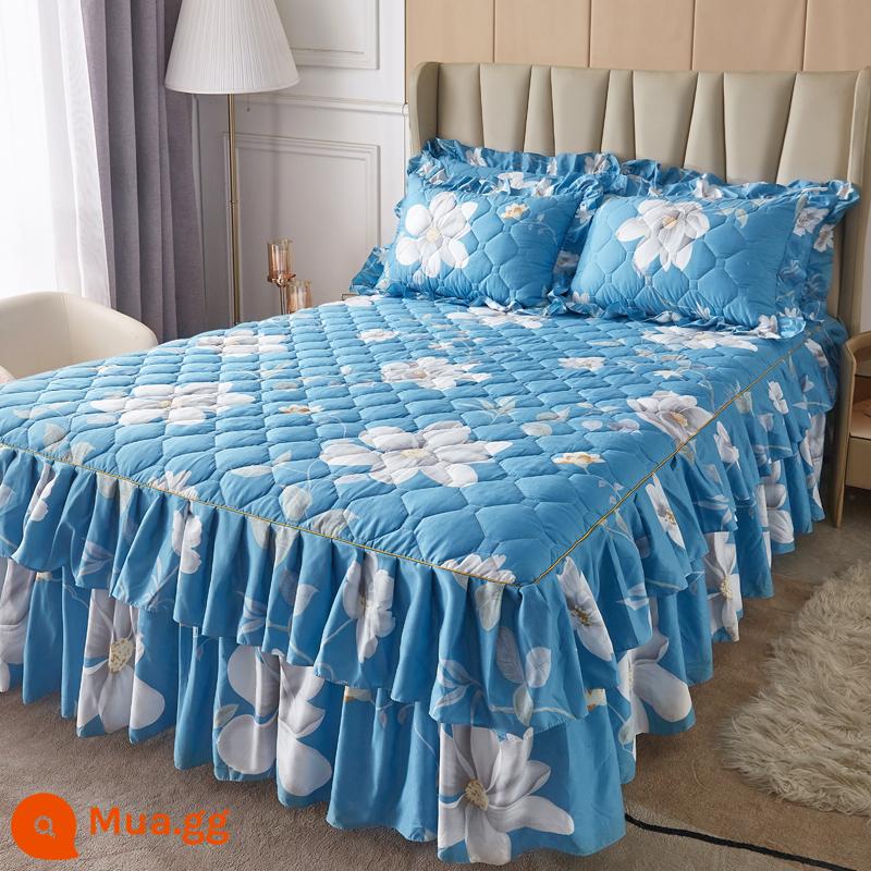 Váy chần bông, ga trải giường cotton nguyên chất, ga trải giường cotton Simmons chống bụi, ga đơn chống trượt 1.5m1.8m 4 - Xanh Y trắng xanh ngọc