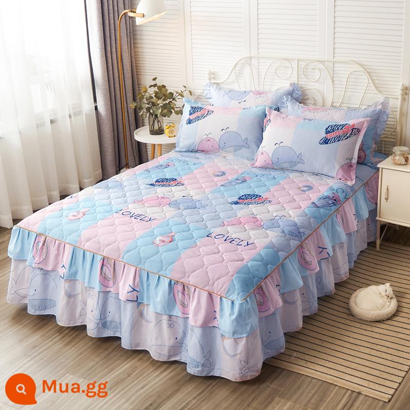 Váy chần bông, ga trải giường cotton nguyên chất, ga trải giường cotton Simmons chống bụi, ga đơn chống trượt 1.5m1.8m 4 - Bé cá voi bông màu Y