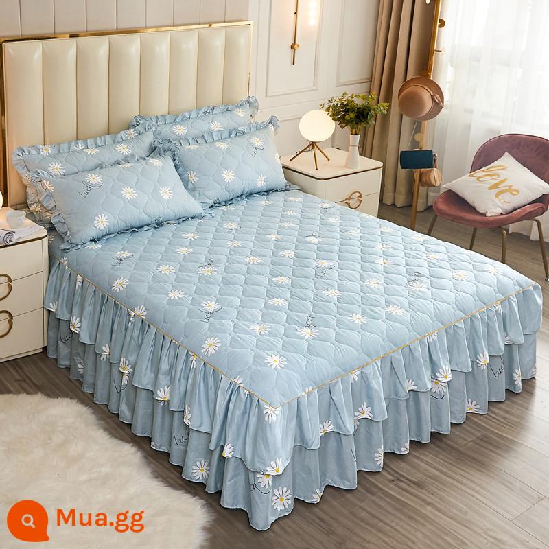 Váy chần bông, ga trải giường cotton nguyên chất, ga trải giường cotton Simmons chống bụi, ga đơn chống trượt 1.5m1.8m 4 - Cúc T màu xanh đậm và nhạt