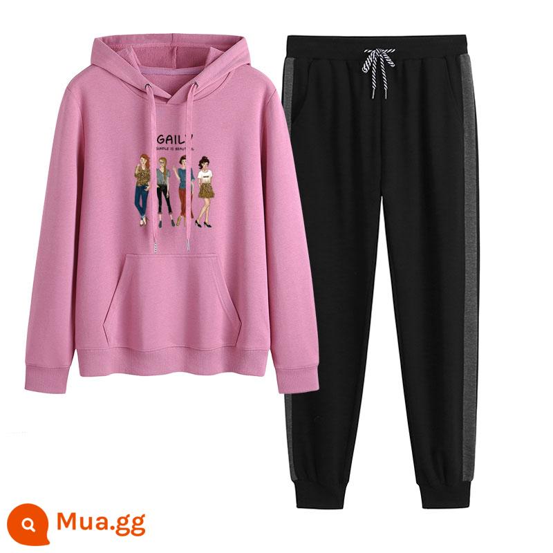 2023 mới mùa thu đông Plus nhung dày hoạt hình hoodie quần 2 Hàn Quốc thể thao giản dị phù hợp với triều - Hồng tím + viền xám (không nhung)