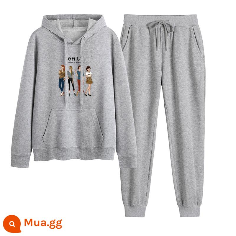 2023 mới mùa thu đông Plus nhung dày hoạt hình hoodie quần 2 Hàn Quốc thể thao giản dị phù hợp với triều - Xám + xám nhạt (không có nhung)