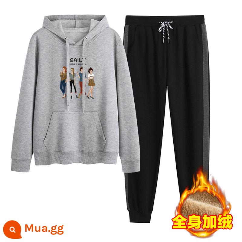 2023 mới mùa thu đông Plus nhung dày hoạt hình hoodie quần 2 Hàn Quốc thể thao giản dị phù hợp với triều - Xám + viền xám (cộng với nhung)