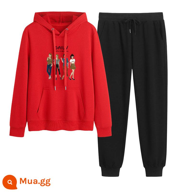 2023 mới mùa thu đông Plus nhung dày hoạt hình hoodie quần 2 Hàn Quốc thể thao giản dị phù hợp với triều - Đỏ + đen (không có nhung)