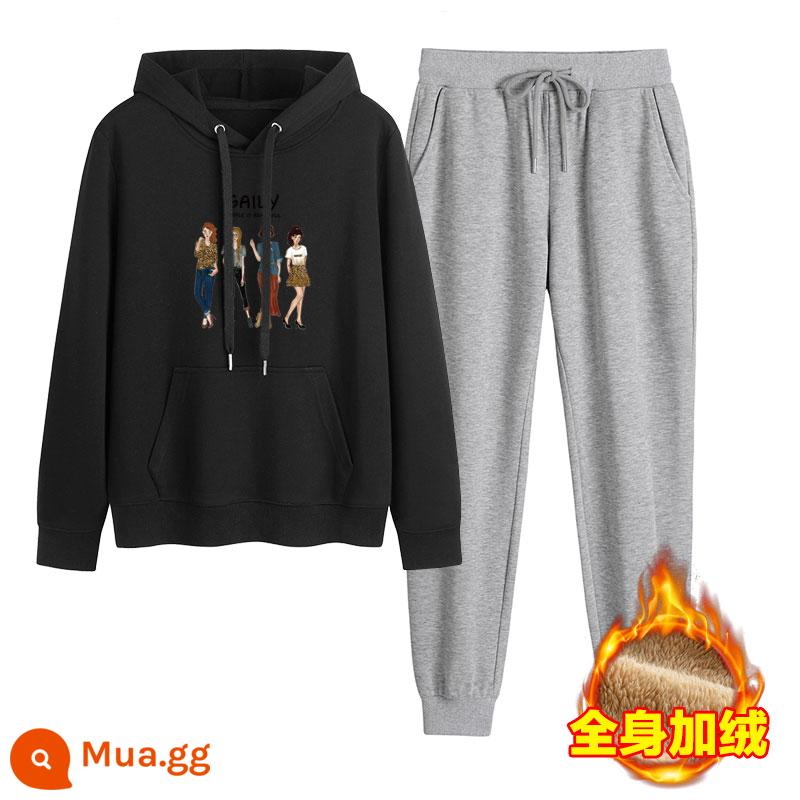 2023 mới mùa thu đông Plus nhung dày hoạt hình hoodie quần 2 Hàn Quốc thể thao giản dị phù hợp với triều - Đen + xám nhạt (cộng với nhung)